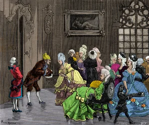 Joseph (Giuseppe) Balsamo (1743-1795), dit Alessandro Comte de Cagliostro přijatý šlechtou ve Versailles kolem roku 1750, Rytina, soukromá sbírka