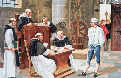 Rozsudek španělského teologa Miguela Serveta u soudu Ginebra, odsuzující ho k upálení na hranici za kacířství v roce 1553