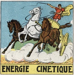 Kinetická energie: aurige v době antiky řízení tanku taženého koňmi. Anonymní ilustrace z roku 1925. Soukromá sbírka.