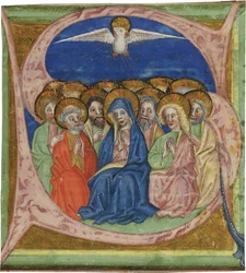 ""La pentecote"" (Letnice) Iniciála S z anonymního rukopisného postupného cca 1430 Dim 10,2x9,3 cm (Iniciála S z rukopisného Gradual by Anonymous, cca 1430 - Akvarel na pergamenu) Soukromá sbírka