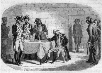 Poslední okamžik vévody Armanda Louise de Gontaut de Biron, vrchního generála Armees Rýn a Var; zemřel 1793 - Rytina v „Histoire des Girondins“ od Alphonse de Lamartine (1790-1869) 1865-1866. Soukromá sbírka
