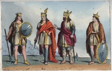 Merovejci - merovejská dynastie - Faramund neboli Pharamond - Chlodio (Clodius, Clodion, Cloio nebo Chlogio), Chlodio Dlouhovlasý (asi 390-asi 450) - Merovech (Mérovée nebo Merowig, asi 412-457) a Chlodvík (asi 466-511) - rytina z „Usi e Costumi di“