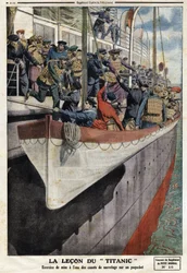 Cvičení se záchranným člunem na palubě parníku po potopení RMS Titanic 15. dubna 1912, Ilustrace z francouzských novin Le petit Journal, 2. června