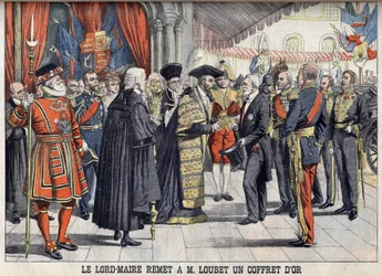 Londýn, Velká Británie. Sir Marcus Samuel předává prezidentu Emile Loubetovi po recepci v Guildhall zlatou krabičku. Le petit Journal, červenec 1903.