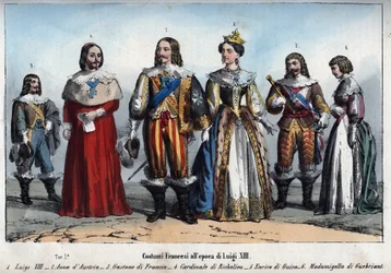 Ludvík XIII. - Anna Rakouská (1601-1666) (Anna Rakouská) - Gaston Francouzský (Gaston, vévoda z Orleansu) - Armand Jean du Plessis, kardinál de Richelieu - Henri II de Guise (Jindřich II., vévoda z Guise) - Anne-Marie Budes de Guebriant - rytina z „“ Usi e
