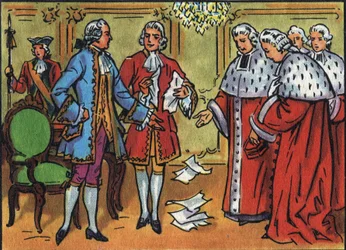Ludvík XV. (1710-1774), francouzský král, rozkládá rozhodnutí parlamentu. Anonymní ilustrace ve „Sbírce panovníků a hlav států Francie““. 20. století. Soukromá sbírka.