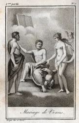 Manželství mezi Marsem a Venuší. Rytina z roku 1819 v „Lettres a Emilie sur la mythologie“ od Charlese Alberta Demoustiera (1760-1801). Soukromá sbírka.