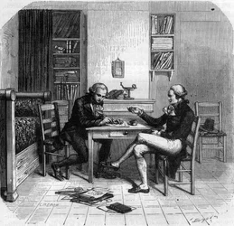 Maximilien de Robespierre 1758-1794, francouzský politik, člen výboru pro veřejnou bezpečnost s Mauricem Duplayem ve svém pokoji - Chambre de Maximilien de Robespierre chez Maurice Duplay (1736-1820) rue Saint-Honore a Paris - rytina v „Histoire des Gi