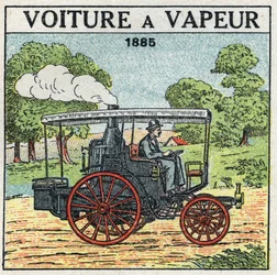 Mechanická trakce: parní vůz markýze Alberta de Diona (1856-1946) v roce 1885. Anonymní ilustrace z roku 1925. Soukromá sbírka.