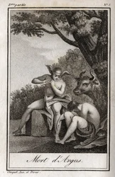 Merkur a Argus (Merkur a Argus). Death of Argus: Mercury hrál na flétnu, aby usnul Argus a vysvobodil nymfu Io, proměněnou v krávu. Rytina z roku 1819 v „Lettres a Emilie sur la mythologie“ od Charlese Alberta Demoustiera (1760-1801).