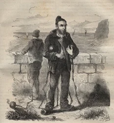 Vojáci odsouzeni do vězení v Toulonu v 19. století. Rytina do „Historie trestanců od jejich vzniku až po současnost“ (1877) od Pierra Zacconeho (1817-1895) (Colonia Penale - Trestná kolonie). Soukromá sbírka.