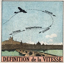 Pohyby: definice rychlosti. Letadlo letící nad městem. Anonymní ilustrace z roku 1925. Soukromá sbírka.