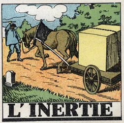 Pohyby: setrvačnost. Povozník dává bičem, aby pohnul koně vpřed. Anonymní ilustrace z roku 1925. Soukromá sbírka.