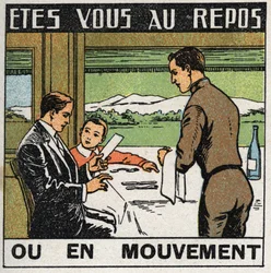 Pohyby: scéna v restauraci vlaku, kde se cestující při pohybu vlaku nepohybují. Anonymní ilustrace z roku 1925. Soukromá sbírka.