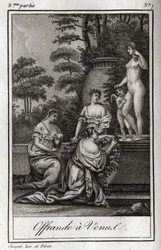 Nabídněte Venuši. Malé lásky (angeloti) se shromažďují, aby vzdali hold bohyni Afroditě. Rytina z roku 1819 v „Lettres a Emilie sur la mythologie“ od Charlese Alberta Demoustiera (1760-1801). Soukromá sbírka.