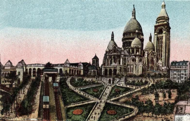 Paříž: lanovka a bazilika Sacre Coeur (Sacre-Coeur) na Butte Montmartre. Fotografie z roku 1920 v „Uměleckém albu“ města Paříže. Soukromá sbírka.
