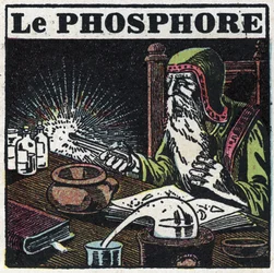 Fosforescence: fosfor. Alchymista hledá ve své laboratoři filozofický kámen. Anonymní ilustrace z roku 1925. Soukromá sbírka.