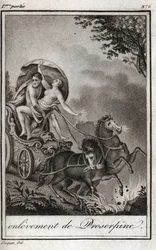 Pluto (Hades) vezme Persephone (Proserpine) před svou matku Ceres (Demeter) a vezme ho do království podsvětí. Pluto odnese Persefonu do svého království, podsvětí, v řecké mytologii. Rytina z roku 1819 v „Lettres a Emilie s