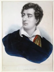 Portrét básníka Lorda George Noela Byrona (1788-1824) (Portrét básníka Lorda G.N.Byrona). Anonymní litografie, doplněná akvarelem, počátek 19. století. Anglické umění, romantismus. A. Pushkin Memorial Museum, Petrohrad.
