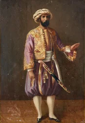 ""Portrét švédského krále Karla XV. (1826-1872) v tureckém kroji"" (Portrét švédského krále Karla XV. v tureckém oděvu) Anonymní obraz 19. století Rozměr 28,5x20,5 cm Soukromá sbírka