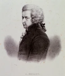 Portrét rakouského skladatele Wolfganga Amadea Mozarta (1756-1791) Rytina. 19. století. Milánská soukromá sbírka