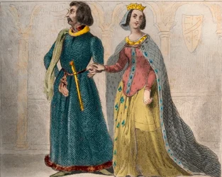 Portrét Charlotte de Savoie (1441-1483) královny Francie, s Ludvíkem XI. Francouzským, známým jako Prudent (1423-1483). Rytina z roku 1859 v „“ Le Monde. Dějiny všech národů od nejvzdálenějších dob až po současnost“. od M. E. de Lostalot-Bachoue.