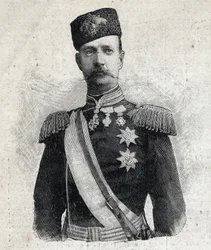Portrét řeckého krále Jiřího I. (1845-1913). Rytina „“Le Peute Parisien““