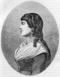 Portrét Manon Roland, dit "" Madame Roland "" (1754-1793), rozená Jeanne-Marie (Jeanne Marie) Philippon, manželka Rolanda de La Platiere - rytina z roku 1863 v "Le Livre Rouge - Histoire De L
