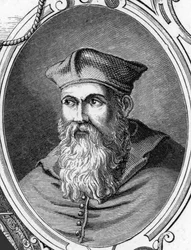 Portrét Sebastiana Lucianiho dit Sebastiano del Piombo (1485-1547) italský malíř. 1859 rytina v „“galeriích Evropy – Itálie““ od Armandauda. Soukromá sbírka.