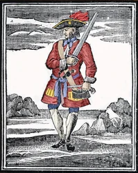 Portrét piráta Jacka Rackhama, zvaného Rudý nebo John Rackham, známějšího jako Calico Jack (? 1720). Rytina