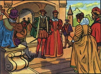 Portréty Jindřicha II. (1519-1559) a Kateřiny Medicejské (Caterina de Medici) (1519-1589), krále a královny Francie. Anonymní ilustrace ve „Sbírce panovníků a hlav států Francie““. 20. století. Soukromá sbírka.