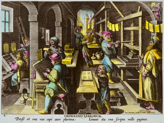 Tiskaři a typografický tisk armpressem kolem roku 1600 od Jana Van Der Straeta (Giovanni Stradano nebo Johannes Stradanus) (1523-1605), Privee Collection