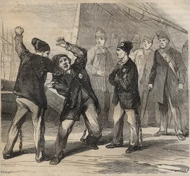 Pugilatská scéna v Toulon Bagne v 19. století. Rytina do „Historie trestanců od jejich vzniku až po současnost“ (1877) od Pierra Zacconeho (1817-1895) (Colonia Penale - Trestná kolonie). Soukromá sbírka.