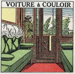 Železnice: koridorový vůz. Anonymní ilustrace z roku 1925. Soukromá sbírka.