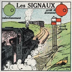 Železnice: signály používané k zajištění bezpečnosti provozu. Anonymní ilustrace z roku 1925. Soukromá sbírka.