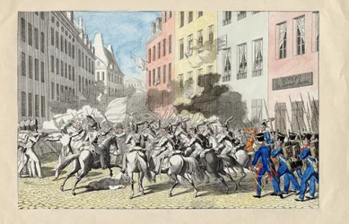 Revolution de Juillet 1830 a Paris (červencová revoluce 1830) Anonymní rytina a akvarel 1830 Rozměr 25,7x40,3 cm Soukromá sbírka