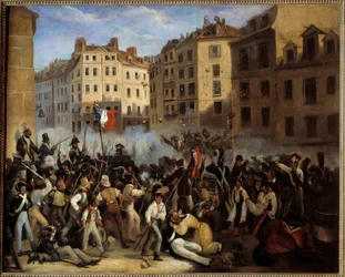 Revoluce 1830 – „“ Charta nebo smrt““ (bitva 28. července, pravděpodobně rue Saint-Antoine) – „“ Epizoda červencových dnů 1830““. Revoluce roku 1830. Anonymní obraz