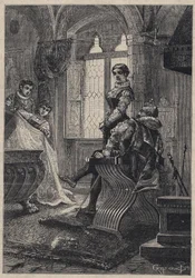 Rodrigo Borgia (Borja) obklopený svými dětmi ((John nebo Juan nebo Cesar, Lucrece) v domě Vannozza Cattanei - Rodrigo Borgia obklopuje se svými dětmi ve Vannozza Cattanei (1442-1518) milenka - rytina z 