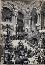 Ruští námořníci stoupají po velkém schodišti během galavečera v Opeře Garnier v Paříži. Rytina v „“Le Petit Parisien““ dne 29.10.1893.