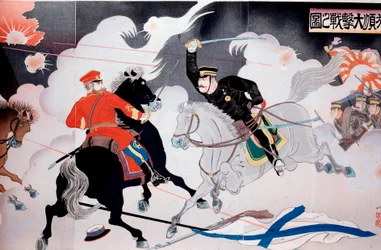 Rusko-japonská válka (1904-1905) Japonský tisk zobrazující bitvu dvou jezdců. Začátek soukromé sbírky 20. století