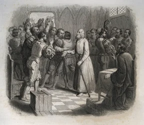 Svatý Mikuláš (Nicholas) z Flue nebo bratr Klaus (1417-1487), švýcarský poustevník usmiřující švýcarské konfederace, kteří se chystali rozpoutat občanskou válku. Rytina z roku 1846 v „Životech svatých““. Soukromá sbírka.