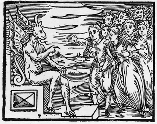 Satan požaduje pakt nových čarodějů - „Compendium Maleficarum“, pojednává o čarodějnicích, jejich zlu a jejich údělech od Francesca Maria Guazza nebo Guacca nebo Guaccia (15?? -16??) Soukromá sbírka 1608