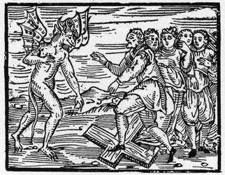 Satan nutí své budoucí učedníky kráčet po kříži – „Compendium Maleficarum“, pojednává o čarodějnicích, jejich zlu a jejich údělech od Francesca Maria Guazzo nebo Guaccia nebo Guaccius (15?? -16??) Soukromá sbírka 1608