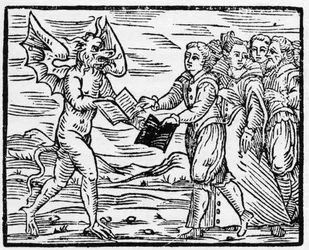 Satan předává stoupencům černou knihu výměnou za knihu evangelií - „Compendium Maleficarum“, o čarodějnicích, jejich neštěstích a kouzlech, od Francesca Maria Guazza nebo Guaccia nebo Guaccia (15?? -16??), 1608, soukromá sbírka
