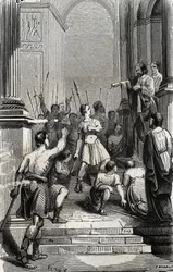 Saturnin z Toulouse (Saint Sernin, první křesťanský předvečer Toulouse) (3. století) se zastavil v hlavním městě Toulouse – rytina z roku 1846 v „Lives des saints““. Soukromá sbírka.