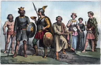 Saský válečník a Anglosasové - saský válečník a Anglosasové - rytina z „Usi e Costumi di Tutti i Popoli dell