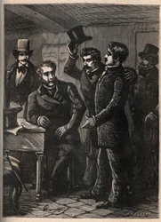 Seržant Charles Goubin (1798-1822) je zatčen Eugenem-Francoisem (Eugene Francois) Vidocqem – rytina do „Čtyři seržanti z La Rochelle grand rect historique et dramatique““ od Julese Beaujointa – kolem roku 1900