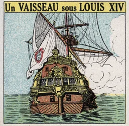 Lodě a lodě: jedna loď za Ludvíka XIV. (1638-1715). Anonymní ilustrace z roku 1925. Soukromá sbírka.