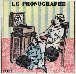 Zvuková energie: fonograf. Matka a její syn poslouchají záznam na fonografu Pathe. Anonymní ilustrace z roku 1925. Soukromá sbírka.