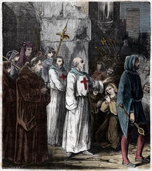 Supplice templářů: Jacques de Molay (Molai), velmistr templářského řádu a několik jeho společníků jsou obviněni z kacířství a zhýralostí králem Filipem IV. dit le bel et popraví 4. března